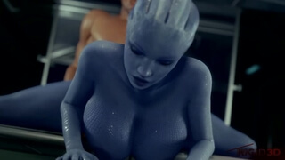 Синяя красотка Liara T'Soni из игры Mass Effect дрочит дойками фаллос любовника