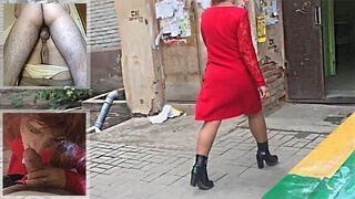 Русская мама в красном пальто делает минет перед анальным сексом в прихожей