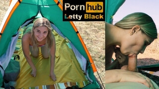 18ти летняя блондинка в бикини отсасывает член бойфренда с камерой в палатке Risky Public Suction Blowjob Ends with Oral Creampie - Letty Black