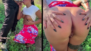 Doggystyle creampie with blowjob in nature from a girl in a dress