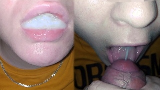 Swallowing a mouthful of cum – close-up blowjob