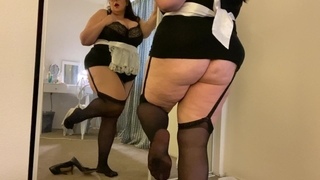BBW Maid Shows off Sexy Legs and Feet in Black Stockings
