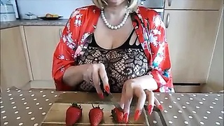 eating strawberries in my new BODYSTOCKING
