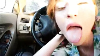 Girl in Colorful Shirt Blows in Car and Licks Cum