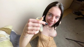 Blowjob with condom until cum in mouth from StepSis