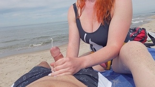 Public Beach Handjob Quickie till Fountain of Cum , Redhead Ginger Big Natural Tits in Swimsuit