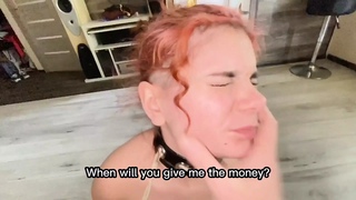 The redhead gets fucked hard in the mouth for his debts