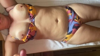 Caught jerking off in sauna - cum on tits