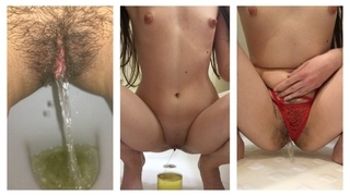 COLLECTION A girl pees in the toilet, a brunette pees in her panties and in the dishes. Hairy pussy close up