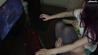 While Gamer Girl Plays, Obedient Guy Fucks Her With A Big Dildo