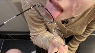 my girlfriend PLAYING with my FORESKIN and I CUM on her GLASSES