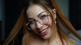 Schoolgirl with glasses and red lipstick swallowed all cum POV.