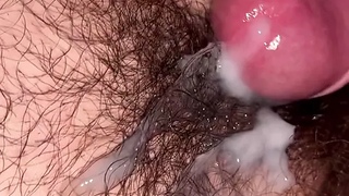 Hairy pussy fucked in missionary with cumshot