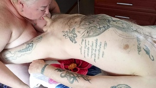 mother-in-law massages penis with her hands, mouth and tits