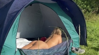 Young Swedish Hotwife camping alone naked in tent