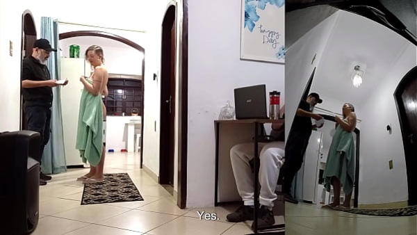 Real wife cheats on her husband while he's wearing headphones with the delivery man.