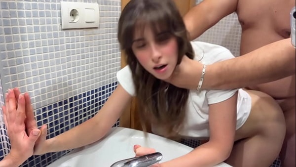 Creampie in my hairy pussy, my stepfather fills me with semen in the bathroom while his friends are in the living room